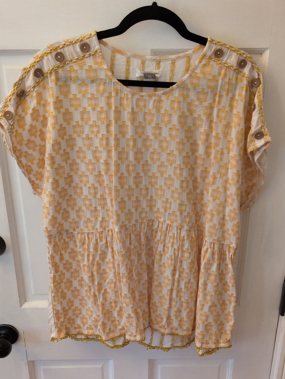 Anthropologie Pilcro Cream and Yellow Patterned Peplum Blouse